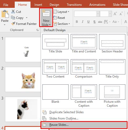 PowerPoint 2016 Advanced Page 134 Merging, comparing & exporting within PowerPoint 2016 Merging slides from one presentation into another presentation Open a presentation called Presentation cats.