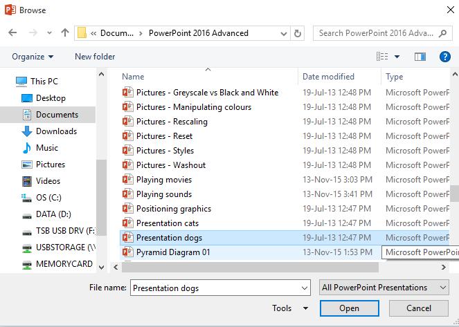 PowerPoint 2016 Advanced Page 136 Double click on a file called Presentation Dogs.