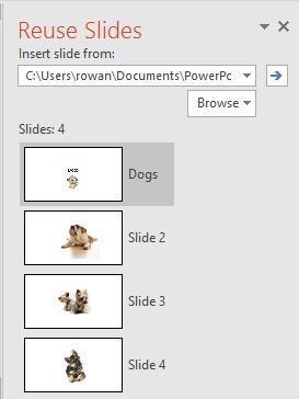 Within the Reuse Slides side pane, click on each of the slides that you wish to add to your original
