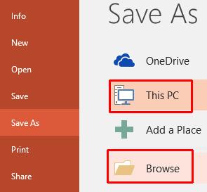 PowerPoint 2016 Advanced Page 145 Click on This PC and then click on the Browse button.