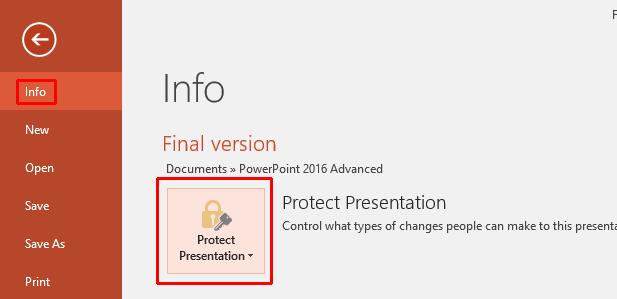 PowerPoint 2016 Advanced Page 151 Sharing PowerPoint 2016 presentations Marking as Final Open a presentation called Final Version.