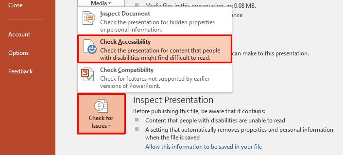 PowerPoint 2016 Advanced Page 172 From the drop down list displayed click on Check Accessibility.
