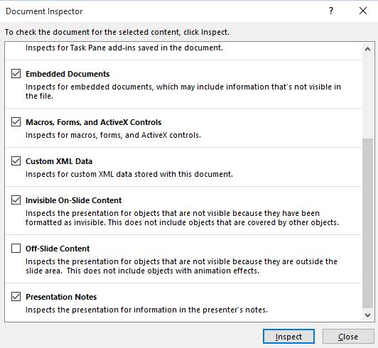 PowerPoint 2016 Advanced Page 175 Click on the Inspect button and a dialog will be displayed