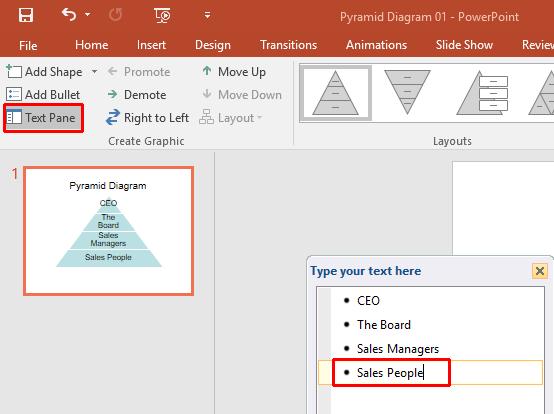 PowerPoint 2016 Advanced Page 38 Displaying the SmartArt Text Pane Click on the Text Pane button. This will display the Text Pane.