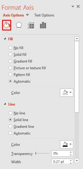 PowerPoint 2016 Advanced Page 48 Fill: Click on the Fill button and you can control the axis fill options.