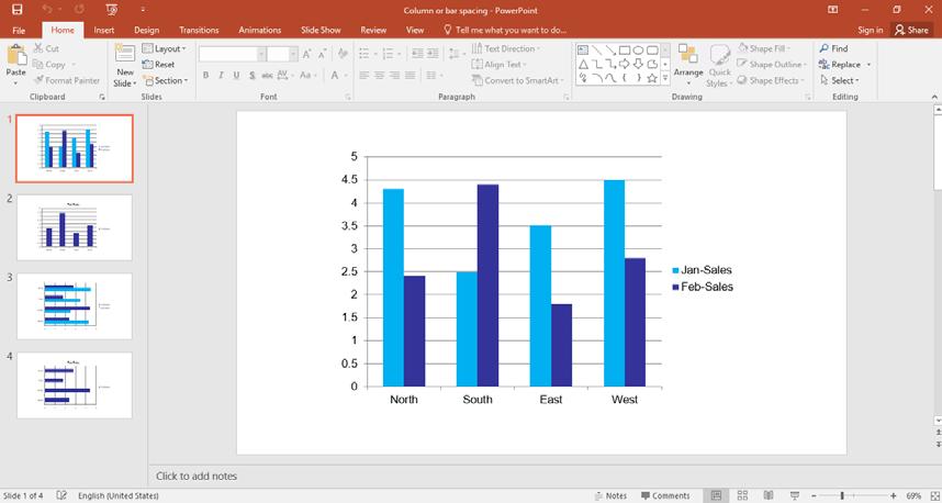 PowerPoint 2016 Advanced Page 51 Display slide 1 containing a column chart.