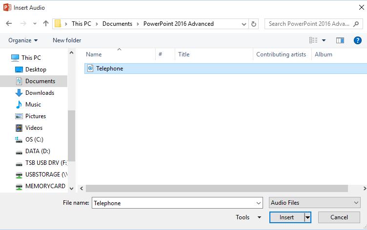PowerPoint 2016 Advanced Page 77 You will see the audio control displayed within the