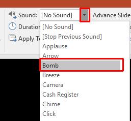 To do this click on the down arrow to the right of the transitions Sound button.