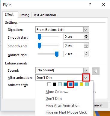 PowerPoint 2016 Advanced Page 89 Click on the OK button to close the dialog box. Click on the Preview button to observe the effect of your changes. Save your changes and close the presentation.
