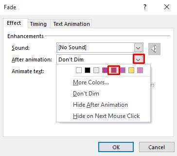 Click on the down arrow within the After animation section of the dialog box.