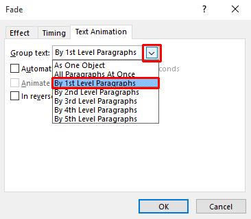 PowerPoint 2016 Advanced Page 94 Click on the down arrow next to the Group Text section of the dialog box. Select By 1st Level Paragraphs.