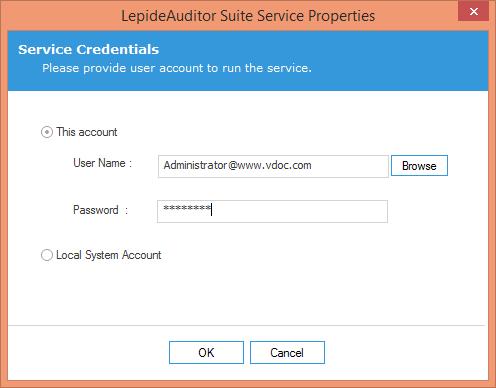 Figure 7: Configure the credentials You can configure this option to select the User Account with which you want to create and run the Windows Service of LepideAuditor.