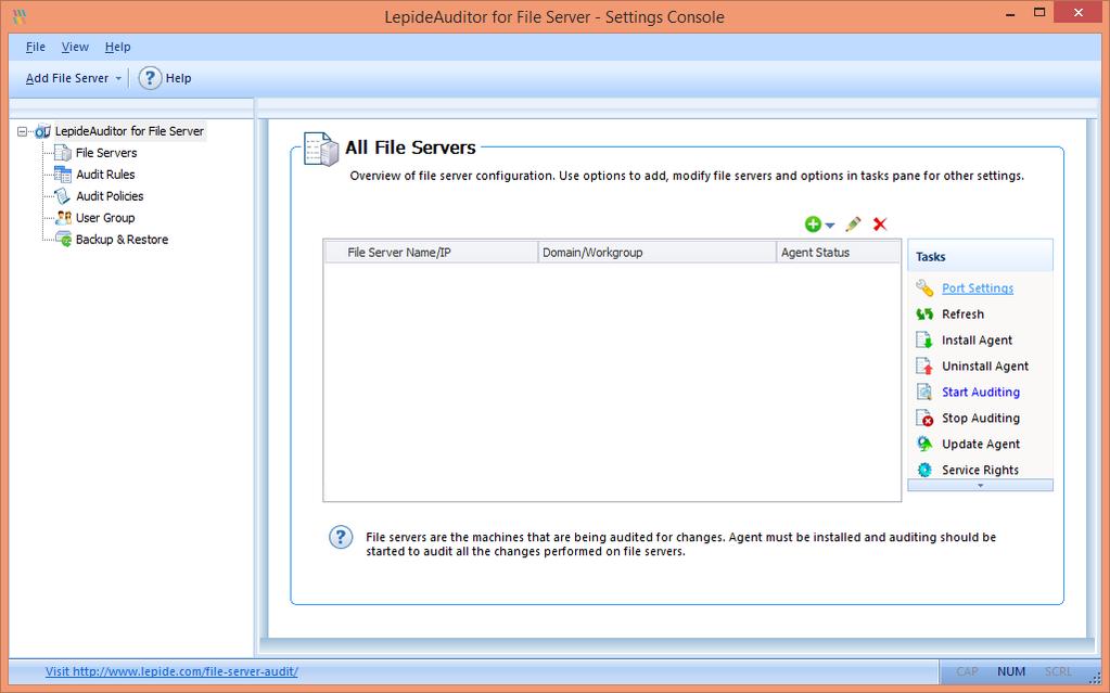 Figure 14: File Server Auditor Console Here, you can click Add File Server option on the toolbar to add any of the following file servers.