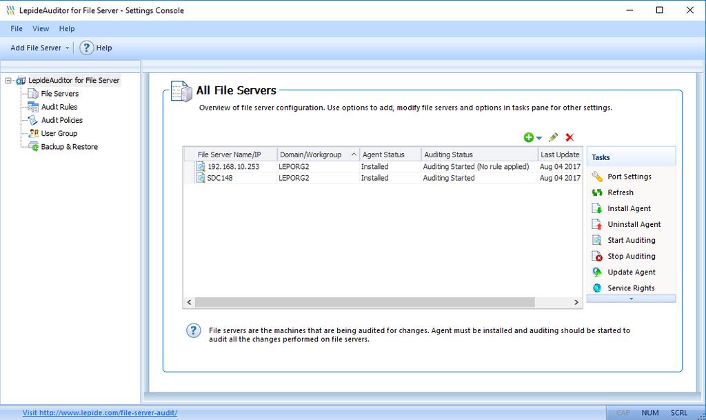 Figure 44: Displaying the added file servers 7. Audit Rule Management After you have added the File Server to the application, you have to create an audit rule for that File Server.