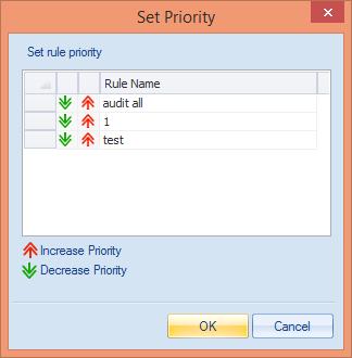 Figure 54: Set Priority dialog box 3. Select an audit rule and click icon to decrease its priority. 4. Select an audit rule and click icon to increase its priority. 5. Click OK.