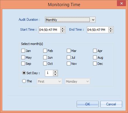 Weekly: Select this option to audit on a weekly basis. Figure 78: Add Weekly Monitoring Time Define the start and date time.