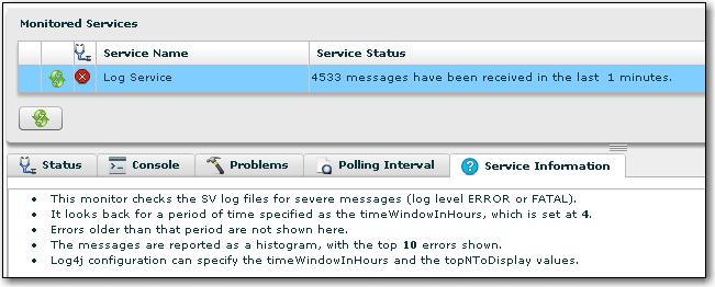Any messages in the log files logged at ERROR or FATAL are also shown in the Log Service status window.