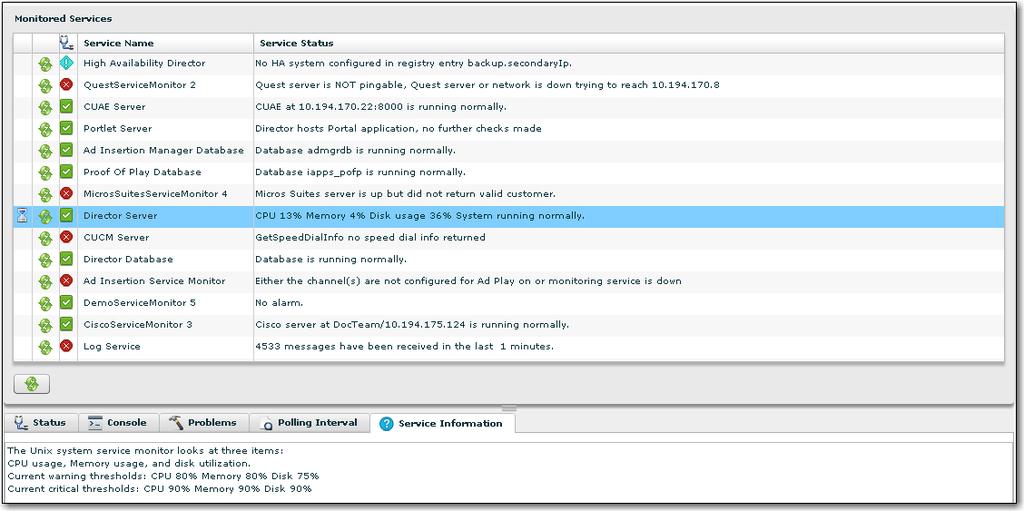 Figure 1. Monitored Services Tabs Status Console Tab Name Problems Polling Interval Description Displays detailed status for the selected service. Data displayed is servicespecific.