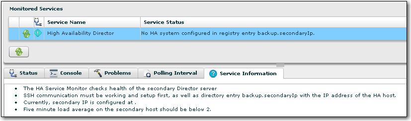 The Problems tab is only relevant for services that are in the RED state. Displays the poll interval, the last time status was checked, and the next scheduled status check.