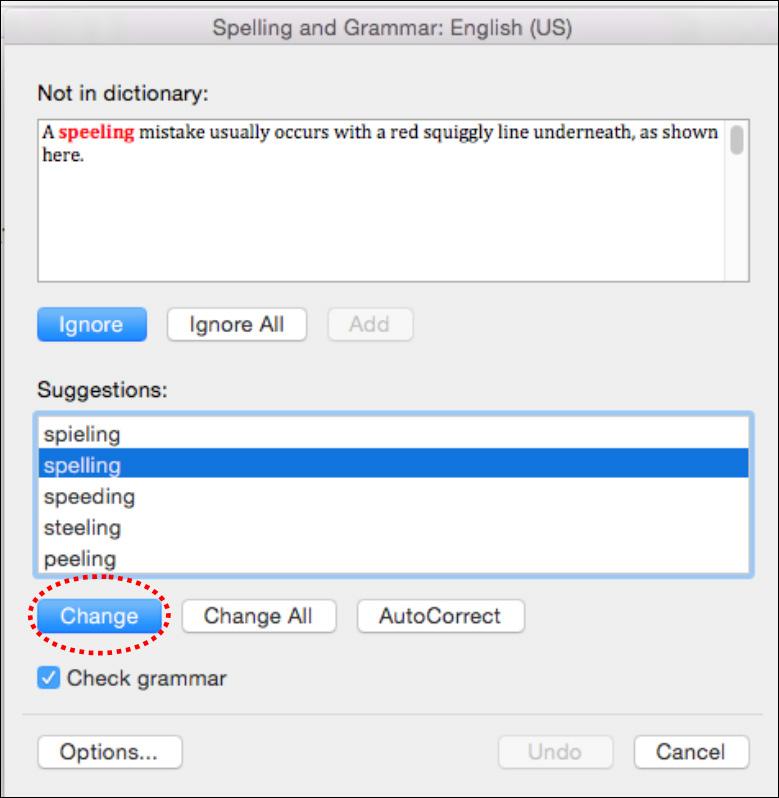 LIBRARY AND LEARNING SERVICES SPELL CHECK When a spelling mistake is found the following dialogue box will