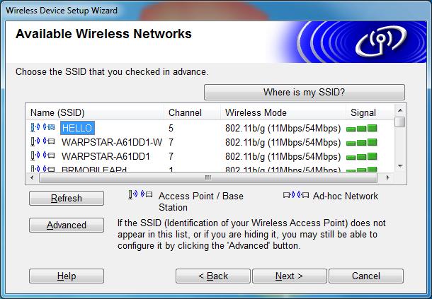 26 12-1 The wizard will search for wireless networks available from your printer. Choose the SSID that you noted in MEMO page 21 and then click [Next].
