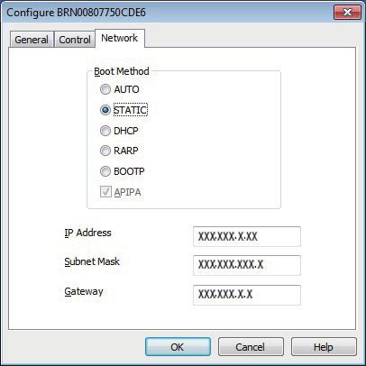 3 Choose STATIC for the Boot Method. Enter the IP Address, Subnet Mask and Gateway, and then click [OK]. 4 The address information will be saved to the printer.