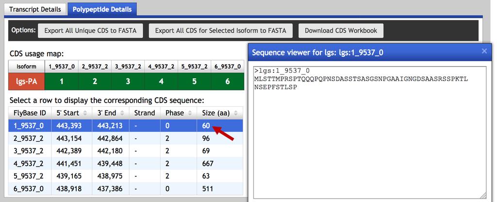 Coding exons for the selected isoform of lgs is listed under the Polypeptide Details section To retrieve the amino acid sequence for each coding exon (CDS), click on the row that corresponds to the