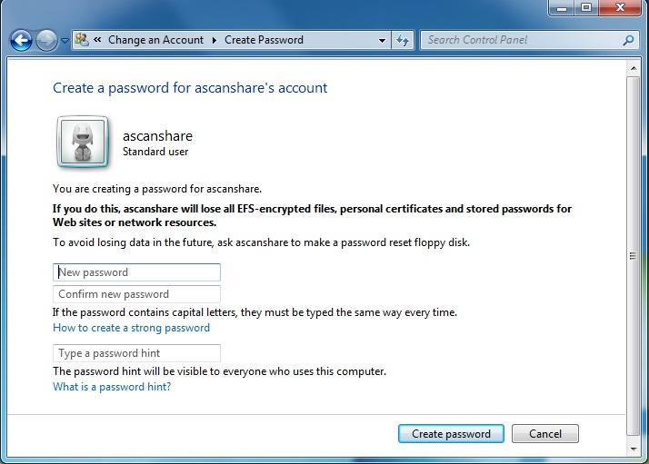 2. Create a password for the account ascanshare : a. The new account will appear in the Manage Accounts menu automatically.