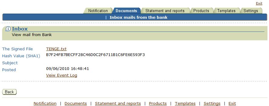 «Inbox mails from the bank» «Incoming mail from bank» form enables the user to