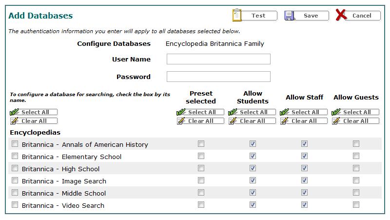 Each database you select might require you to enter different authentication information, such as a username, password, URL, or customer number. Obtain this information from the database vendor.