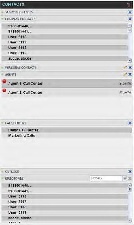 Figure 16 Contacts Pane The Contacts pane contains the following panels: Search Panel Company Panel Personal Contacts Agents Panel Call Centers Panel Outlook Panel Directories Panel The contact