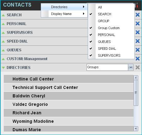 8.1 View Contacts Call Center allows you to select directories to display in the Contacts pane and below the Call Console, show or hide directory contents, and select the order of appearance for