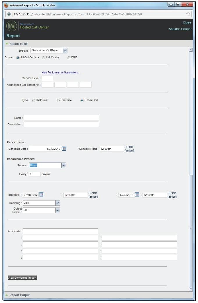 2) Select a report template from the drop-down list. The page displays the input parameters for the report.