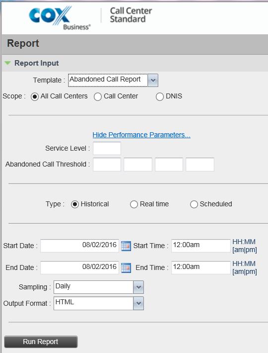Generate Reports Figure 88. Abandoned Call Report Running Report Fill in the required information. The input that you need to provide depends on the template you select and the report type.