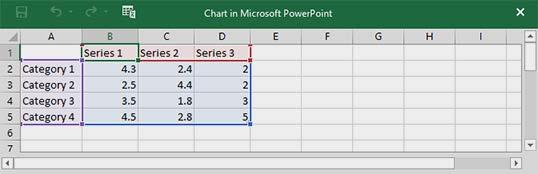 Enter data in spreadsheet window The chart will continue to respond to your spreadsheet data. 10.