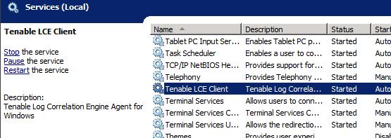 Service Location Once installation is complete, a new Windows Service named the Tenable LCE Client will be added that can be viewed through Control Panel -> Administrative Tools -> Services window as