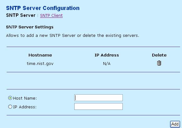 Before adding a host name, you should ping the host name of the SNTP Server.