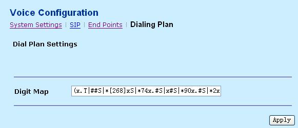 4.4 Dialing Plan Click Dialing Plan and the following page appears. In this page, you can view and modify digit map.