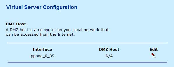 Take pppoe_0_35 for example. Click to show the DMZ Host Configuration page. Enter the host address, such as 192.168.1.2. Click Apply. Remote user can access the host 192.168.1.2 by the interface pppoe_0_35.