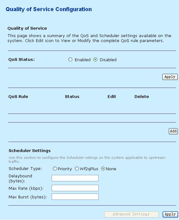 Click Add and the following page appears. In this page, you can specify quality of service (QoS) rules to upstream traffic.
