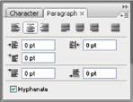 178 Learning Photoshop The Paragraph Palette By default, the Paragraph palette is grouped with the Character palette.