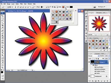 202 Learning Photoshop Figure 5-36. The Styles palette can be accessed by clicking the Styles palette tab or clicking the Style: thumbnail in the options bar of any of the shape tools.