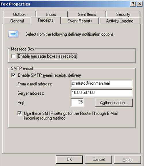 On the FSP server, the FSP user will be the field From e-mail address in the Fax Properties. The field Server address is the IP address or hostname for your e-mail server.