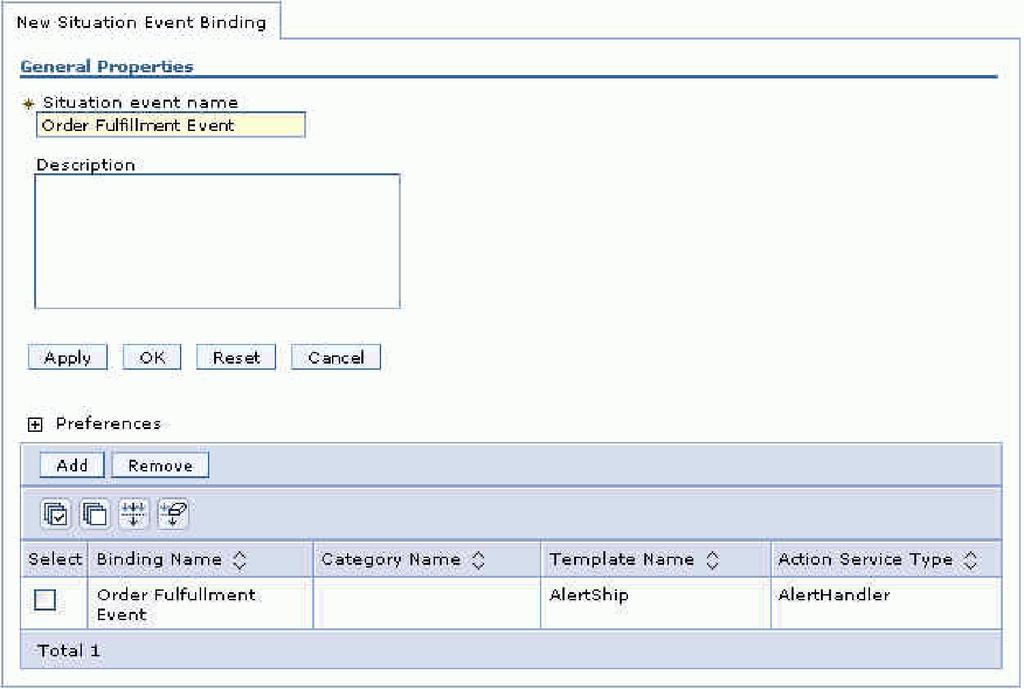 f. Click OK. g. In the administrative console, select Applications Monitor Services Monitor Action Services Installed Situation Event Bindings. You see the two bindings you created.