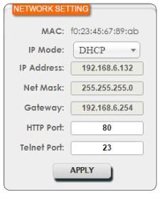 The IP mode can be set to DHCP for automatic IP configuration, if your local network supports it, or it can be placed into