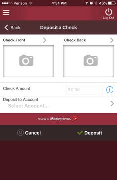 Tap Check Front to snap a photo of the front of your check using your device camera, then select Use if the photo is successful 6.