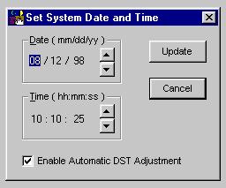 Set System Date and Time Set System Date/Time by clicking on the Date/Time pull-down menu. Up/Down arrows are used to move date and time to the desired setting.