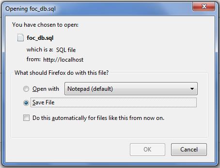 15 6. This will create a.sql file which you can either save or open in a text editor. Select save file and hit okay. The file will then be saved to your default download location. See Figure 3.