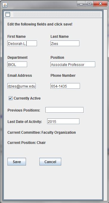 If your changes are saved, you will receive confirmation. Currently Active refers to if the faculty is active and eligible to serve on a committee.