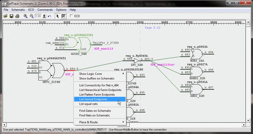 Figure 6 Analysis on the nets ECO in GUI mode Now, we can do the necessary ECO on the schematic, inserting an invert.